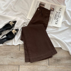 High Waist Fleece Lined Flared Jeans Womens Coffee Color 2025 Autumn Winter New Style Cotton Stretch Denim Casual Trousers