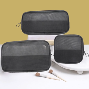 Black Mesh Makeup Bag with Zipper Portable Travel Toiletry Pouch Lightweight Durable Multifunctional Organizer Bag