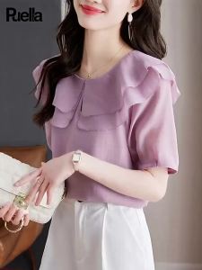 puella | Elegant French Style Purple Ruffle Collar Short Sleeve Chiffon Blouse