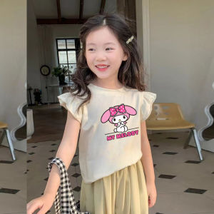 Girls Cartoon Meileti Summer Cotton T-Shirt with Flying Sleeves And Lace Hem Korean Style Slim Fit Short Sleeve round Neck