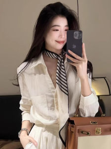 BILLI ZILLY | Elegant Striped Silk Scarf Womens Neck Band Long Scarf Shirt Match High-End Sense Tie Neck Accessory Collar Scarf Korean Style