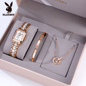 PLAYBOY Jam Tangan Wanita Dewasa 2024 Elegan Mewah Anti Air Set Jam Tangan Wanita Tali Keramik (1 * Kalung 1 * Gelang)
