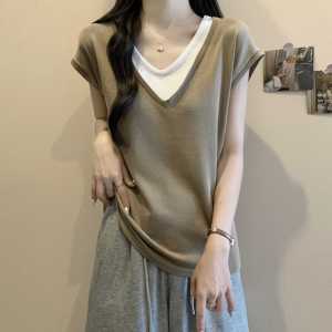 Plus Size V-Collar Contrast Color Fake Two-Piece Knitted Sweaters Female Summer Fat Sister New Arrival Western Style Fashion All-Matching Slim Looking Tops