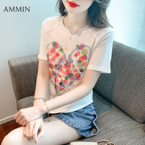 Ammin Áo Thun Cotton kim cương sáng Tay Ngắn Tranh bán chạy thời trang vòng cổ đơn giản mùa hè mới áo in hình trái tim phong cách Hàn Quốc nữ thoải mái thường ngày Áo Blouse thanh lịch thoải mái