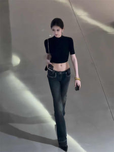 Slim Fit Short Sleeve T-Shirt Womens Black Elegant Halftime High Collar Summer New Style Spicy Girl Exposed Navel Top