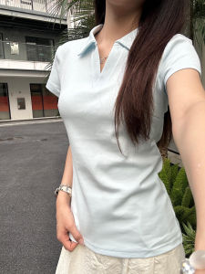 SUHUIQIAN | Blue Polo Shirt T-shirt Short Sleeve Pure Cotton Turn-down Collar Tailored Waist