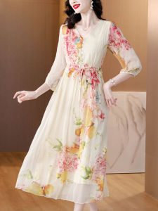 Silk Mulberry Summer Dress Womens Elegant Printed Beach Skirt V-neck Loose Waist Midi Length Seven Sleeve Ethnic Style A-line