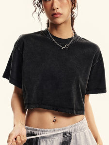 2026 Y2k Solid Cotton Washed T-Shirts Womens Summer Loose O-Neck Crop Tops Casual Vintage Short Sleeve Tees Street Clothes