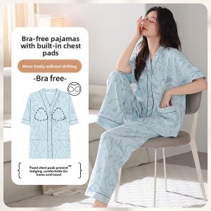 Miiow | Pure Cotton Summer Sleepwear Womens Short Sleeve Home Clothes Set With Chest Pad Large Size Long Pants Comfortable Breathable