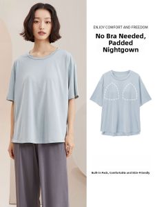 MiiOW | Cat Woman Short Sleeve Sleepwear Womens Loose Home Clothes Integrated Chest Pad One-Piece No Bra Summer Style Pure Color