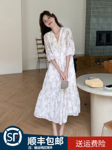 French Butterfly Floral Dress Womens Summer New Gentle Style Fairy Skirt V-neck White Long Dress Soft Elegant A-line Silhouette