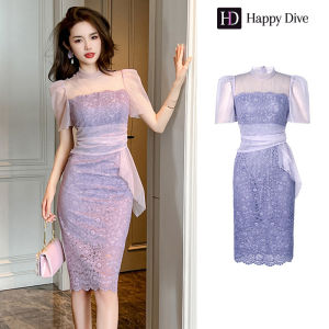 Happy Diva เดรสผู้หญิง เดรสสีม่วง เดรสตาข่าย เดรสลูกไม้ เดรสทำงาน เดรสไฮโซ เดรสออกงาน เดรสไปงานแต่ง เดรสฝรั่งเศส 20366