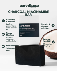 Earth & Coco Premium Charcoal Niacinamide Bar Soap 135g - Deep Cleansing Acne Control Brightening Oil Control