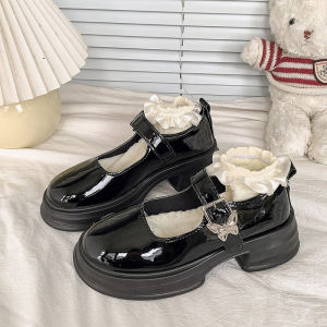รองเท้า Mary Janes สีดำสไตล์ย้อนยุคสไตล์ฝรั่งเศสสำหรับผู้หญิงในฤดูใบไม้ผลิและฤดูใบไม้ร่วง รองเท้าหนังแบบสวมสบายสำหรับใส่ไปทำงาน