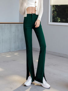 XIAOMENG | Popular Dark Green Flared Trouser with Slit Ice Silk Elastic Slim Fit Floor-Length Trousers