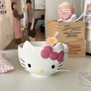 Cute Cartoon KT Cat Ceramic Bowl Large Capacity Fruit Yogurt Salad Bowl Fine Dining Utensils Girls Heart Bowls with Handles