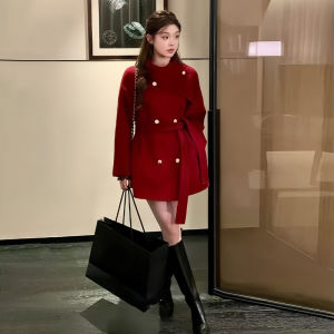 PEIZIXUAN | Elegant Korean-style Red Short Coat for Petite