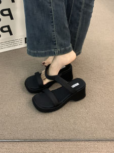 Ladies Thick Bottom Platform Sandals Summer Outdoor Wear High Heel French Fairy Flat Slippers Black Color Comfortable Cushioning