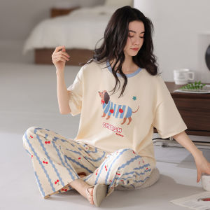 MiiOW | Pure Cotton Womens Sleepwear Short Sleeve Long Pants Set Cat Person 2025 Summer New Style Outwear Home Clothes