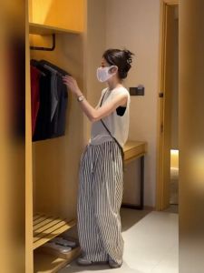 Luna Shop กางเกงผู้หญิง กางเกงขายาวทรงหลวมสไตล์อิดโรยลายทางสีดำและสีขาว กางเกงไทย