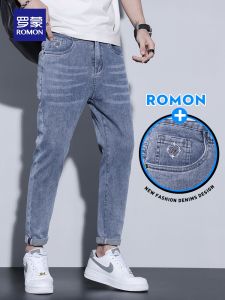 ROMON | Loose Straight Leg Thin Denim Jeans For Men Romon Brand Summer Casual Blue Elastic Waist Long Trousers Youth Fashion Cotton Polyester Blend