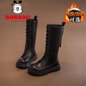 Babu Bean Genuine Leather Girls Long Boots Soft Bottom Fleece Lined High Top Martin Boots for Toddlers And Children