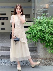 YINLUOYA | New Chinese Style Gentlewoman Summer Dress Slimming Waist High Waist A-Line Skirt Short Sleeve Print Casual Elegant Dress
