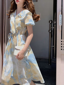 Spring 2025 Womens Dress French Initial Sweet Small Personality Long Gown Gentle Dyed Dress Ladylike Commute Short Sleeve