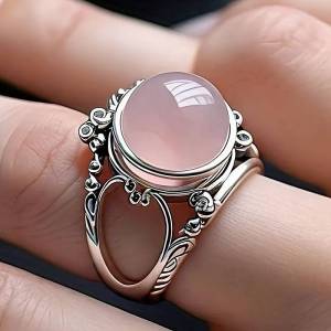 Huitan Sweet Women Ring Pink Bead Stone Aesthetic Party Accessories Engraved Design Vintage Lady Temperament Daily Jewelry