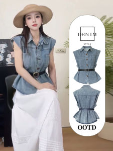 Womens Summer Thin Denim Vest Belted Sleeveless Shoulder Pad Shirt Waist Cinching Polo Collar Cotton Blend Casual Top