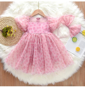 Girls Floral Puff Sleeve Princess Mesh Dress Summer Short Sleeve Kids Dress for 2-10 Years Sweet Childrens Outfit