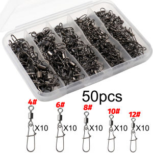 50pcs Swivel Snap Connector Pin Bearing Rolling 360 Rotate Ring Tackle Buckle Hook Lure Kit Wire Box Fishing Accessories