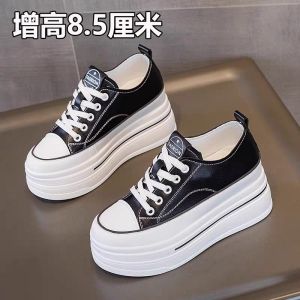 รองเท้าผ้าใบพื้นหนาสำหรับผู้หญิง ทรงหัวมน ส้นสูงแบบสวมหัว รองเท้าลำลองสไตล์เกาหลี ทรงหัวมน พื้นรองเท้า PU