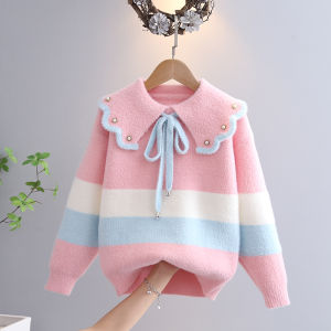 Fashionable Fall Winter Girls Knitted Sweater Mink Velvet Doll Collar mid Large Childrens Trendy Top Korean Style Soft Material