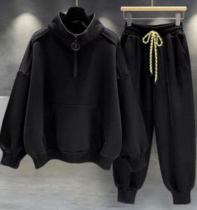 Mens Zipper High Collar Fleece Lined Sweatshirt Loose Fit Long Sleeve Casual Sportswear Set Four Seasons Universal Trendy