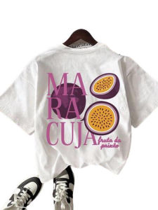 Vintage Passion Fruit Print T-Shirt Cute Short Sleeve Womens Tshirt Cotton Kawaii Graphic Tee Loose Cotton Retro Aesthetic Top