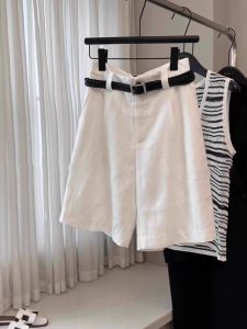 White Linen Cotton Blend Loose Fit Casual Pants Womens Summer Thin Suit Wide Leg Five-Quarter Length Straight Cut Trousers