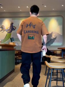 Summer Mens Pure Cotton Half Sleeve Loose round Neck Casual T-shirt Creative Interest Snow Mountain Pattern Printed Anti-Wrinkle