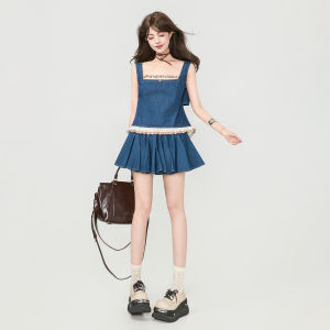 KEIKO | Sweet & Cool Style Denim Tank Top + Wide Leg Pants Set