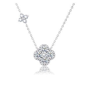 Non-fading D Color Moissanite Womens Necklace 18K White Gold Diamond Pendant Pure Silver Clavicle Chain Four Leaf Clover Versatile Gift