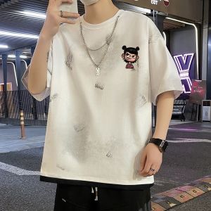 Summer American Hong Kong Style Short Sleeve Loose Fit round Neck T-Shirt for Teenage Boys Breathable Comfortable Fashionable Casual Top