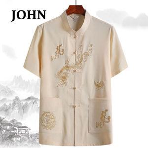 JOHN Middle Aged Elderly T-shirts Spring/Summer Grandpa Tang suit Mens Short Sleeved Shirts Chinese Embroidery Morning Exercise Clothes Thin