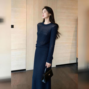 DANTING | Elegant Knitted Set Dress Dark Blue Lace