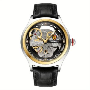 TimeKey-Fashion Classic Mechanical Style Stainless Steel Buckle Skeleton Dial Screw Crown Luminous Mens Quartz Watch
