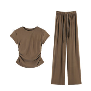 GeNaQi Casual Elegant Two-Piece Set Womens Summer Korean Style Short Sleeve T-Shirt High Waist Draped Long Pants Fashionable