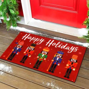 VIKAMA Happy Holidays Nutcracker Doormat Durable Soldier Snowflake Print Non Slip Mat For Front Door Porch Xmas Home Decor