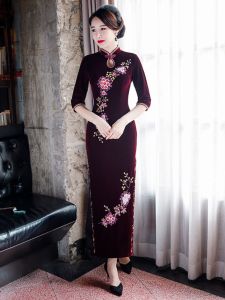 High-End Famous Brand Gold Velvet Beaded Long Cheongsam Middle-Aged and Elderly Purple Wine Red Wedding Banquet Ladieswear Formal Dress
