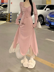 Váy Dài Màu Hồng Không Đều Cỡ Lớn Cho Nữ Mùa Thu Đông Váy Dài Chữ a Cổ Vuông Khóa Kéo Dài Tay Dài Thường Ngày