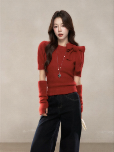 YIKEXIAOYEMEI | Áo Sweater Hàn Quốc Phong Cách Nơ Đỏ Đầu Mùa Xuân