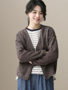 Loose Fit V-Neck Knitted Cotton Sweater Womens Pure Cotton Open Cardigan Hollow out Single Button Spring 2025 New Style